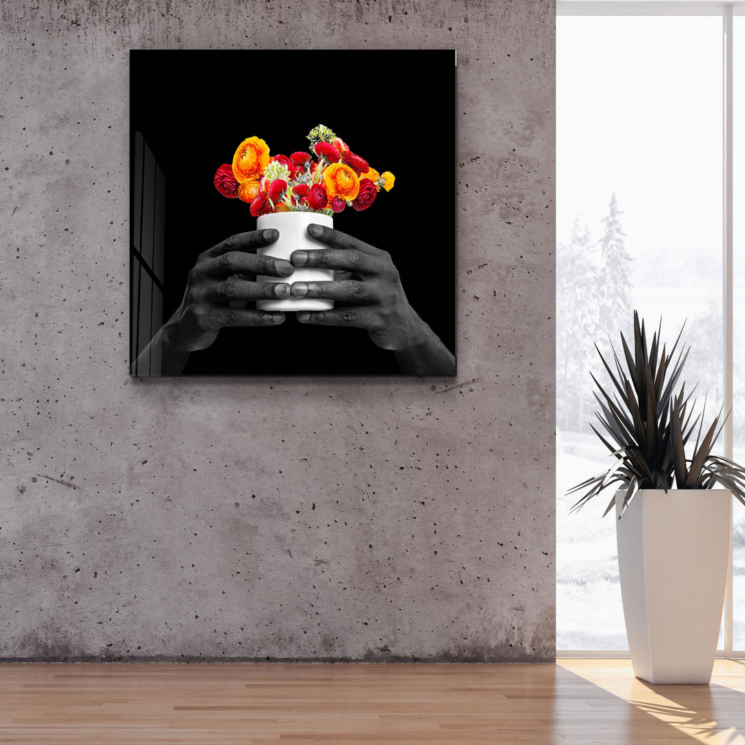 ."Holding the Flower - Black". Contemporary Collection Glass Wall Art
