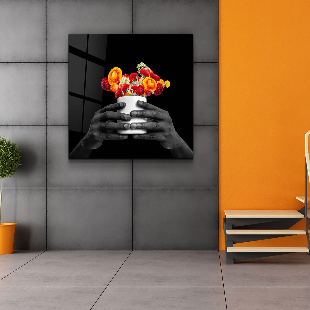 ."Holding the Flower - Black". Contemporary Collection Glass Wall Art