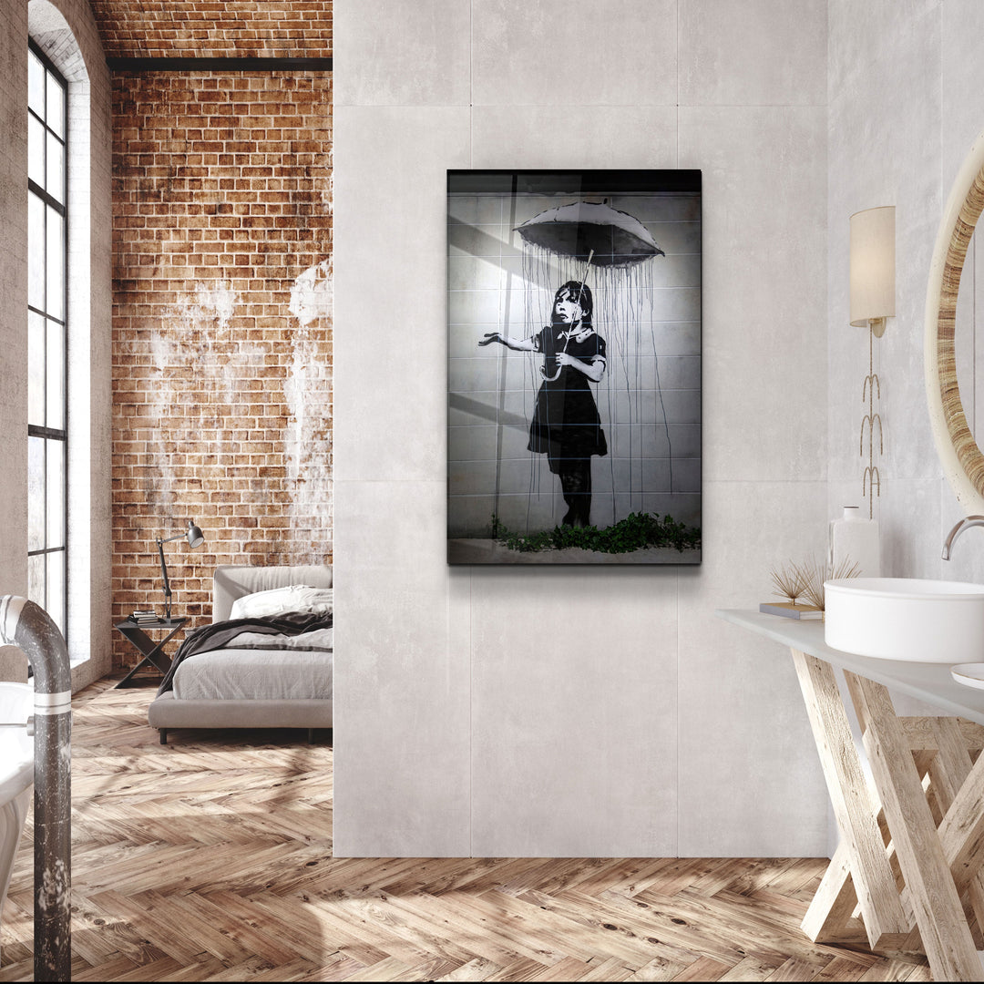 ・"Banksy - Girl with an umbrella"・Glass Wall Art | Artdesigna Glass Printing Wall Arts.