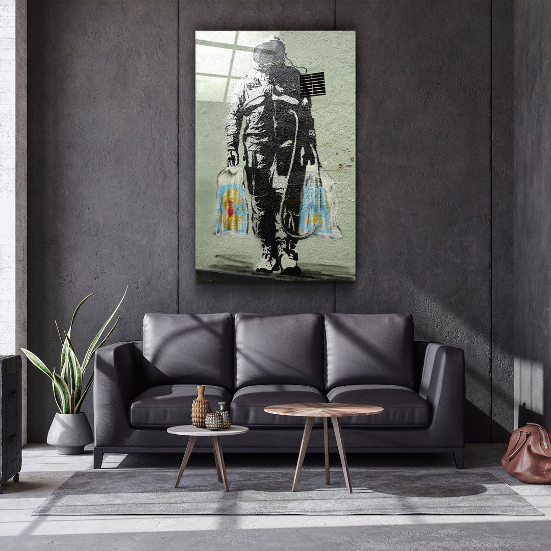 ・"Banksy - Shopper Spaceman"・Glass Wall Art | Artdesigna Glass Printing Wall Arts.