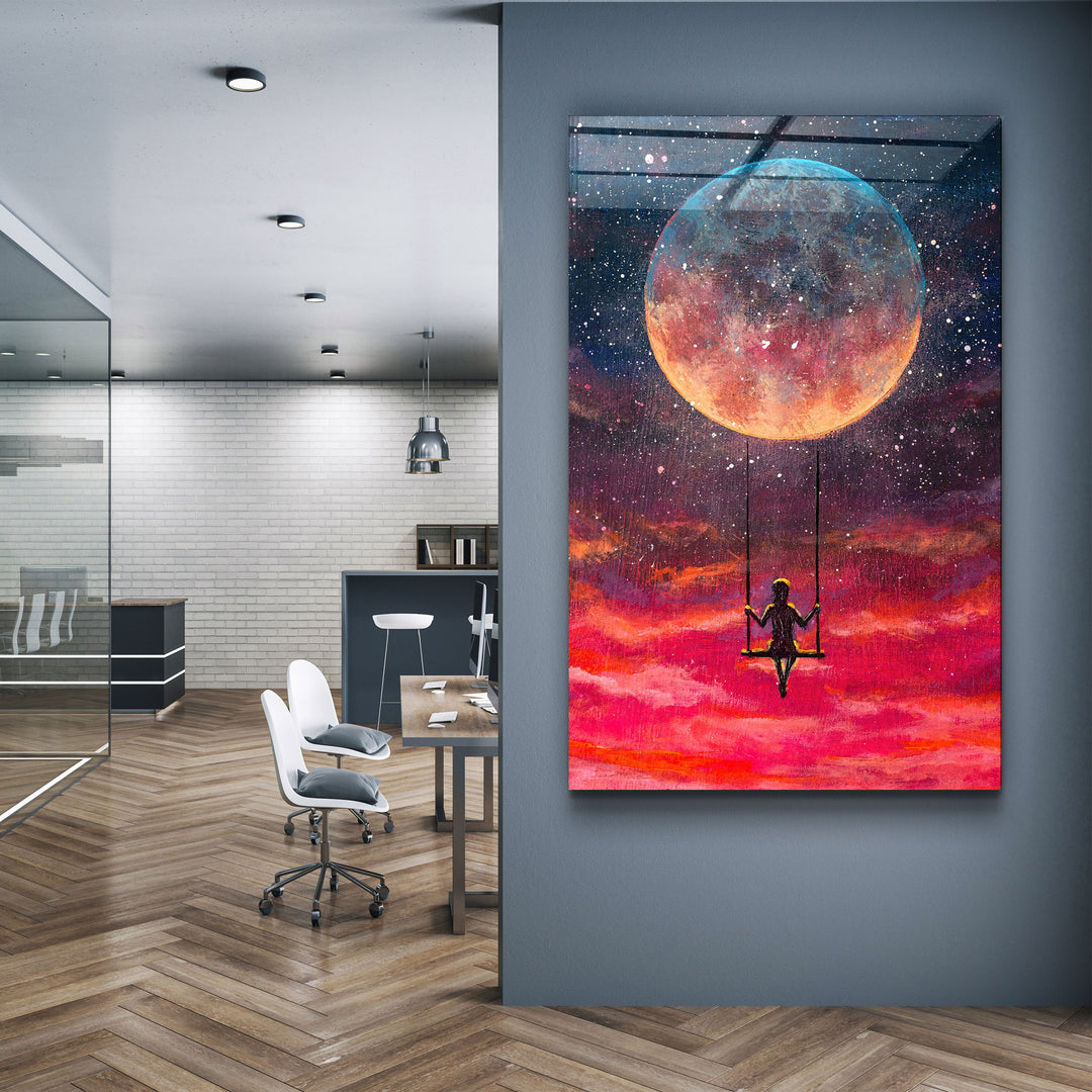 ・"Girl Swinging Under The Moon"・Glass Wall Art | Artdesigna Glass Printing Wall Arts.