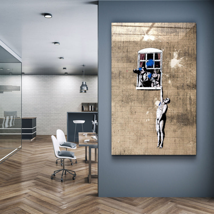 ・"Banksy - Man hanging from a window"・Glass Wall Art | Artdesigna Glass Printing Wall Arts.