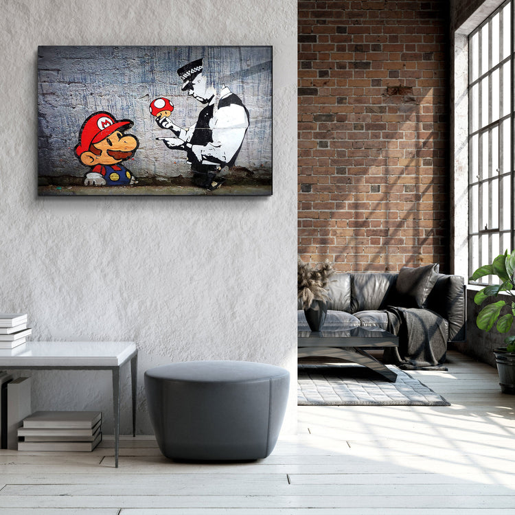 ・"Banksy - Mario with a Policeman"・Glass Wall Art | Artdesigna Glass Printing Wall Arts.