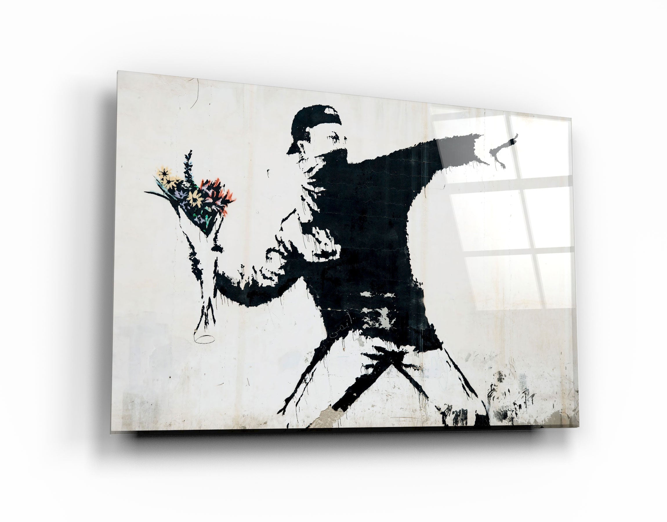 ・"Banksy - Rioter Throwing a Flower Bouquet"・Glass Wall Art | Artdesigna Glass Printing Wall Arts.