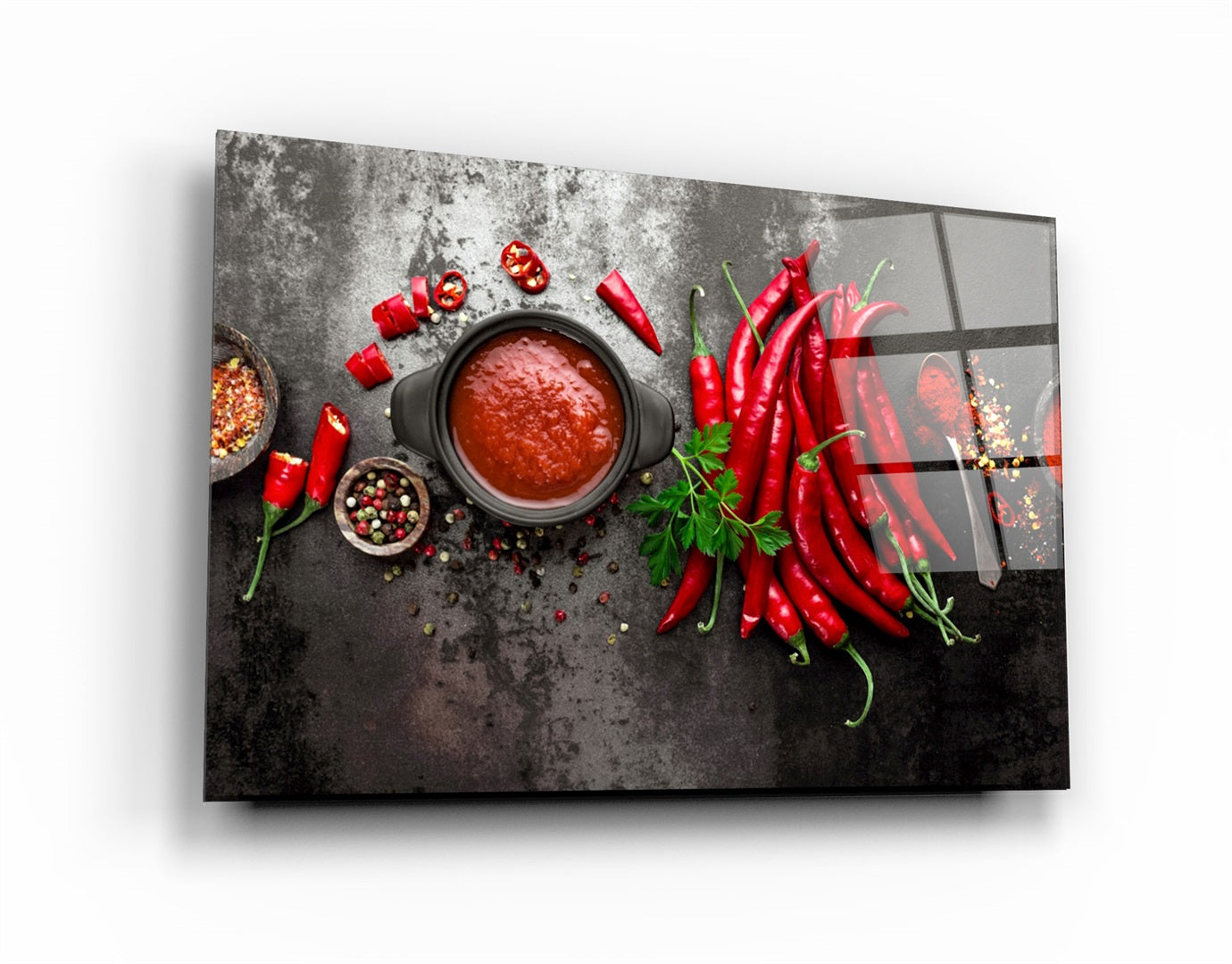 ・"Red Peppers and Sauce"・Glass Wall Art | Artdesigna Glass Printing Wall Arts.