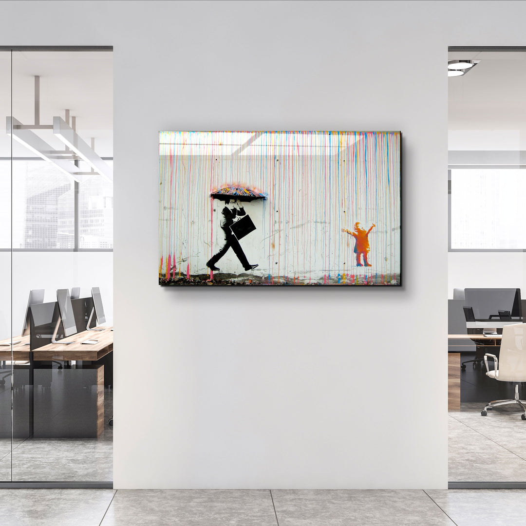 ・"Banksy - Umbrella Man - Rainbow Rain Girl "・Glass Wall Art | Artdesigna Glass Printing Wall Arts.