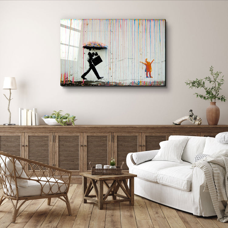 ・"Banksy - Umbrella Man - Rainbow Rain Girl "・Glass Wall Art | Artdesigna Glass Printing Wall Arts.
