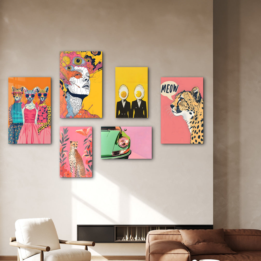 Retro Pop & Surrealist Safari Gallery Glass Wall Art Set