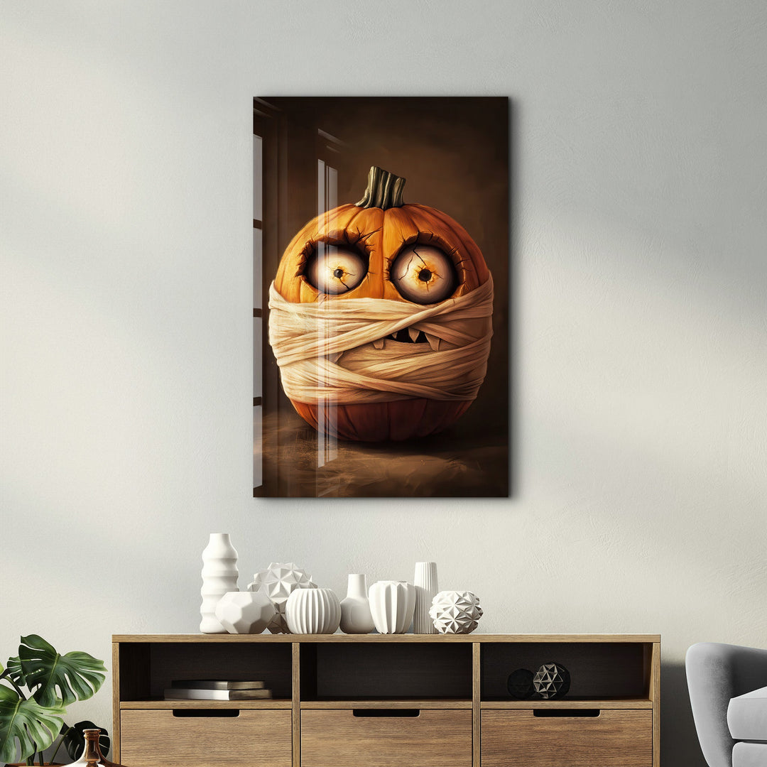 Pumpkin Mummy Mischief | Halloween Glass Wall Art