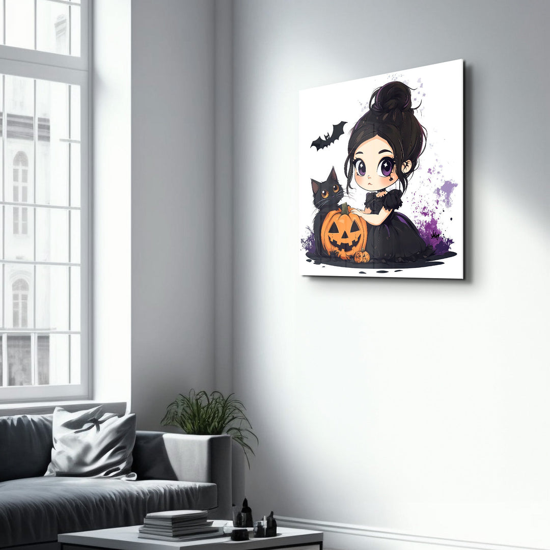 Lil' Witch and Her Pumpkin Pal | Halloween Style Glass Wall Art