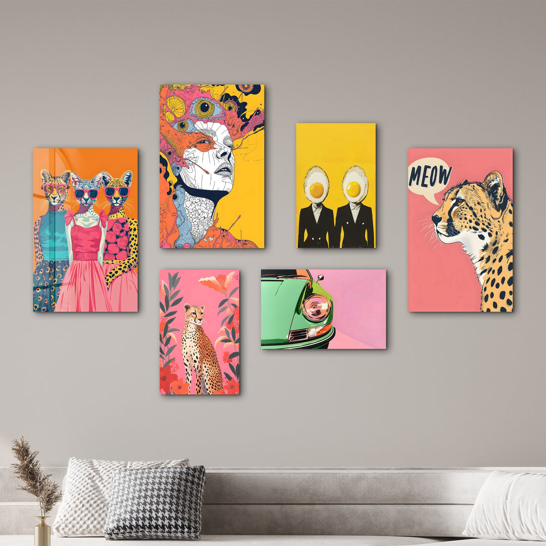 Retro Pop & Surrealist Safari Gallery Glass Wall Art Set