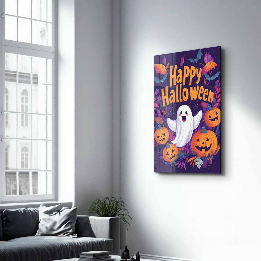 Cheerful Ghost Happy Halloween | Glass Wall Art