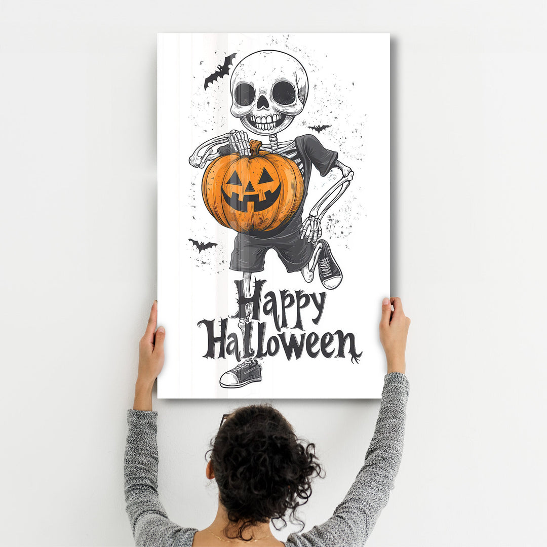 Skeleton Holding a Jack-O'-Lantern | Halloween Glass Wall Art