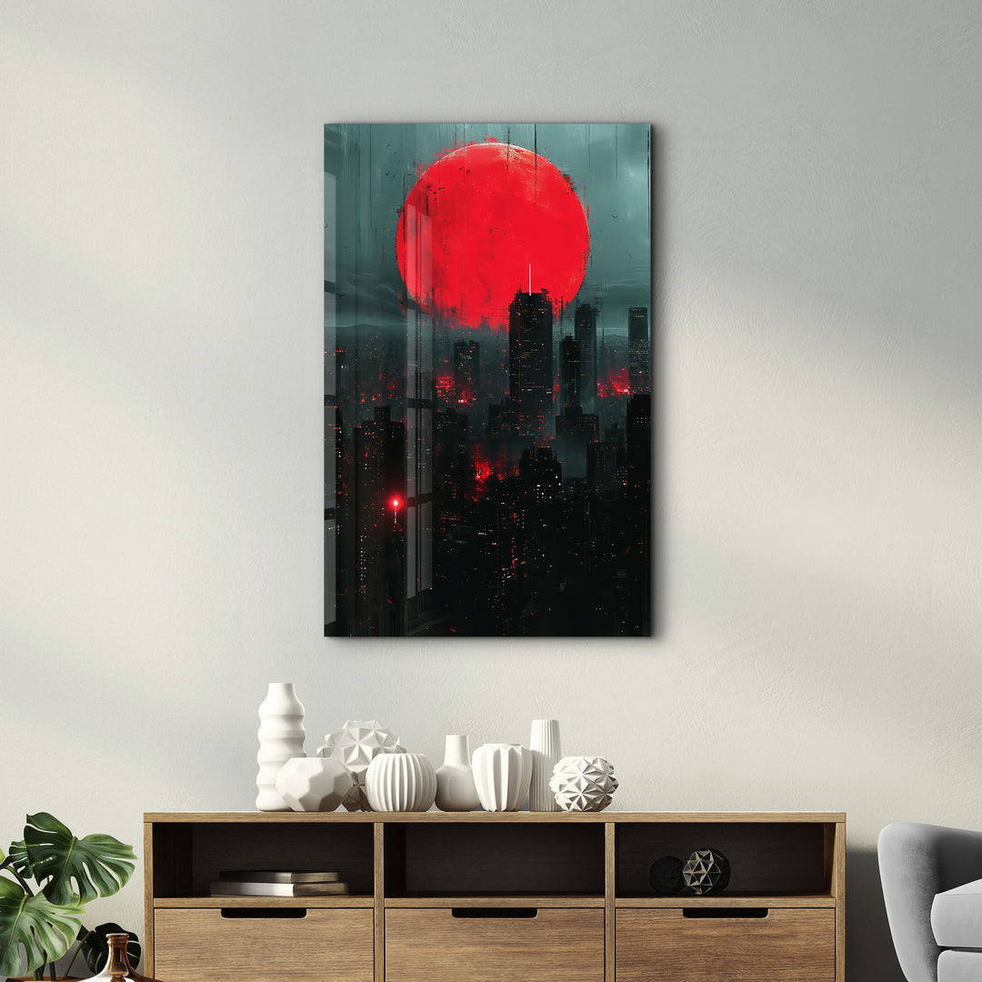 Red Moon over the City - Designers Collection Glass Wall Art