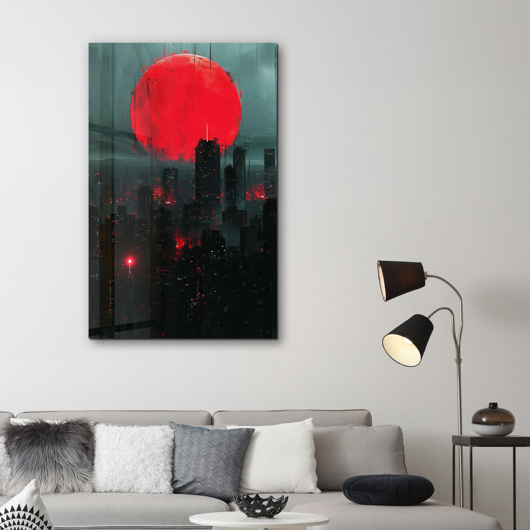 Red Moon over the City - Designers Collection Glass Wall Art