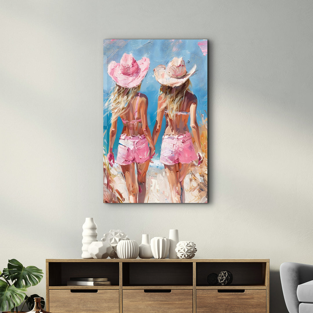 Pink CowGirls On the Beach - Glass Wall Art