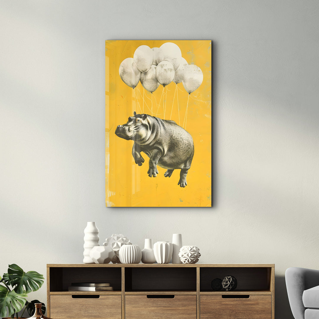 Hippo Rising with Balloons - Glass Wall Art