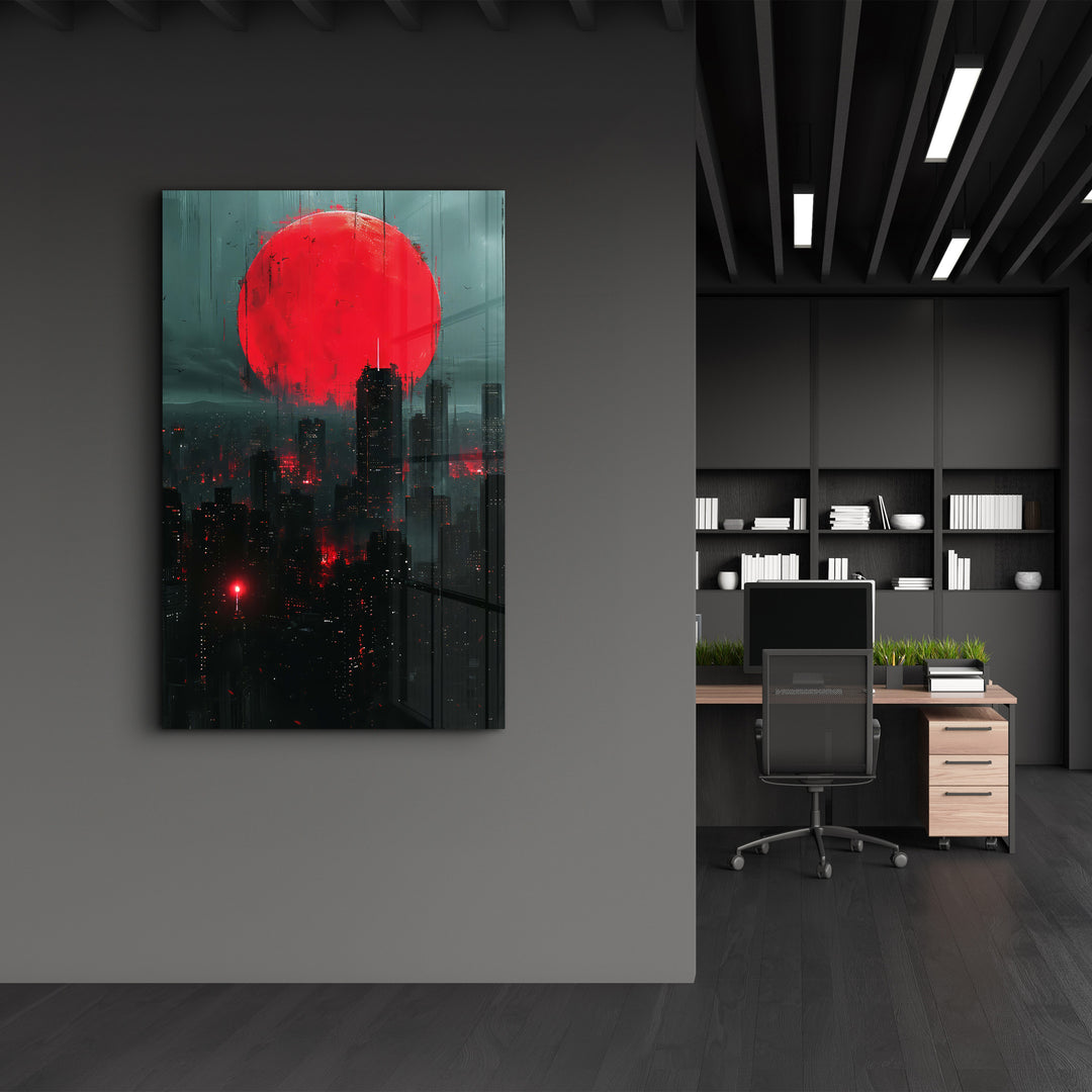 Red Moon over the City - Designers Collection Glass Wall Art