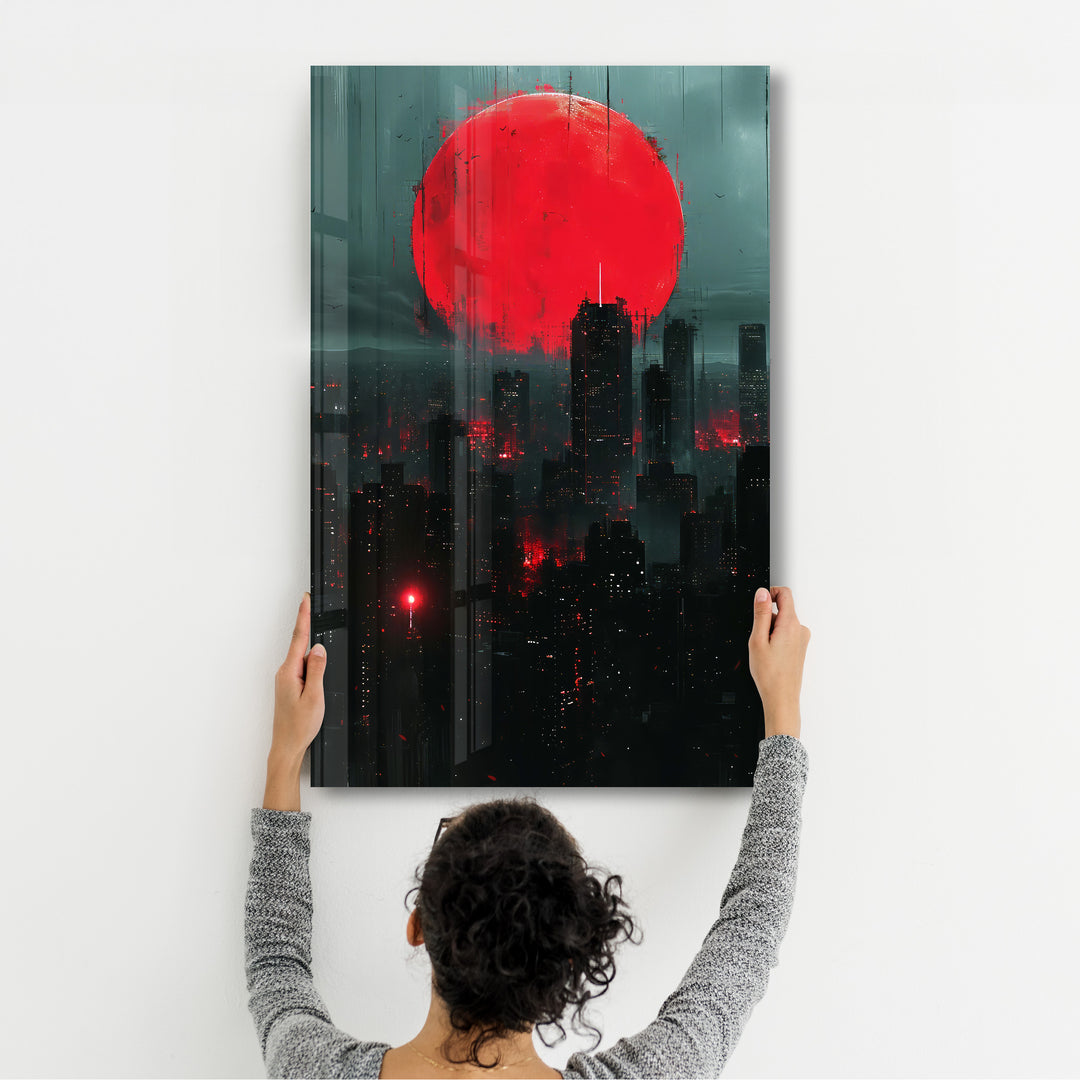 Red Moon over the City - Designers Collection Glass Wall Art