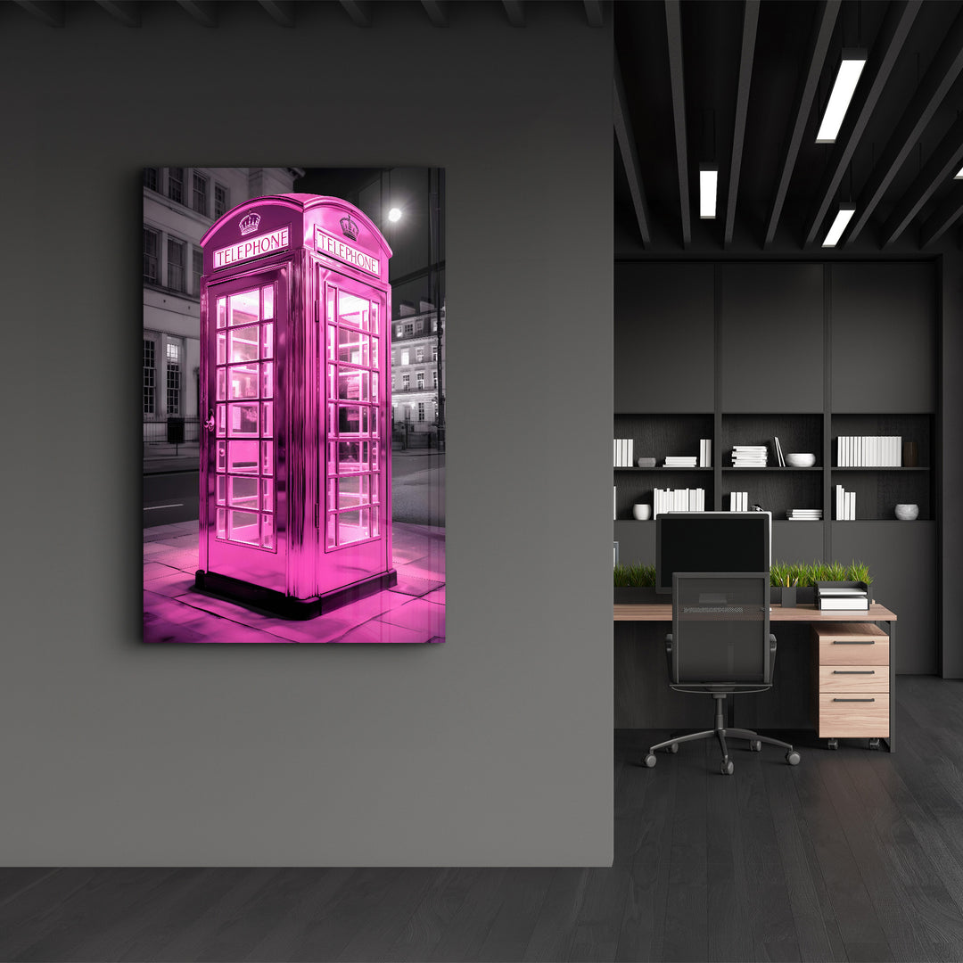 Pink Retro Telephone Booth - Glass Wall Art