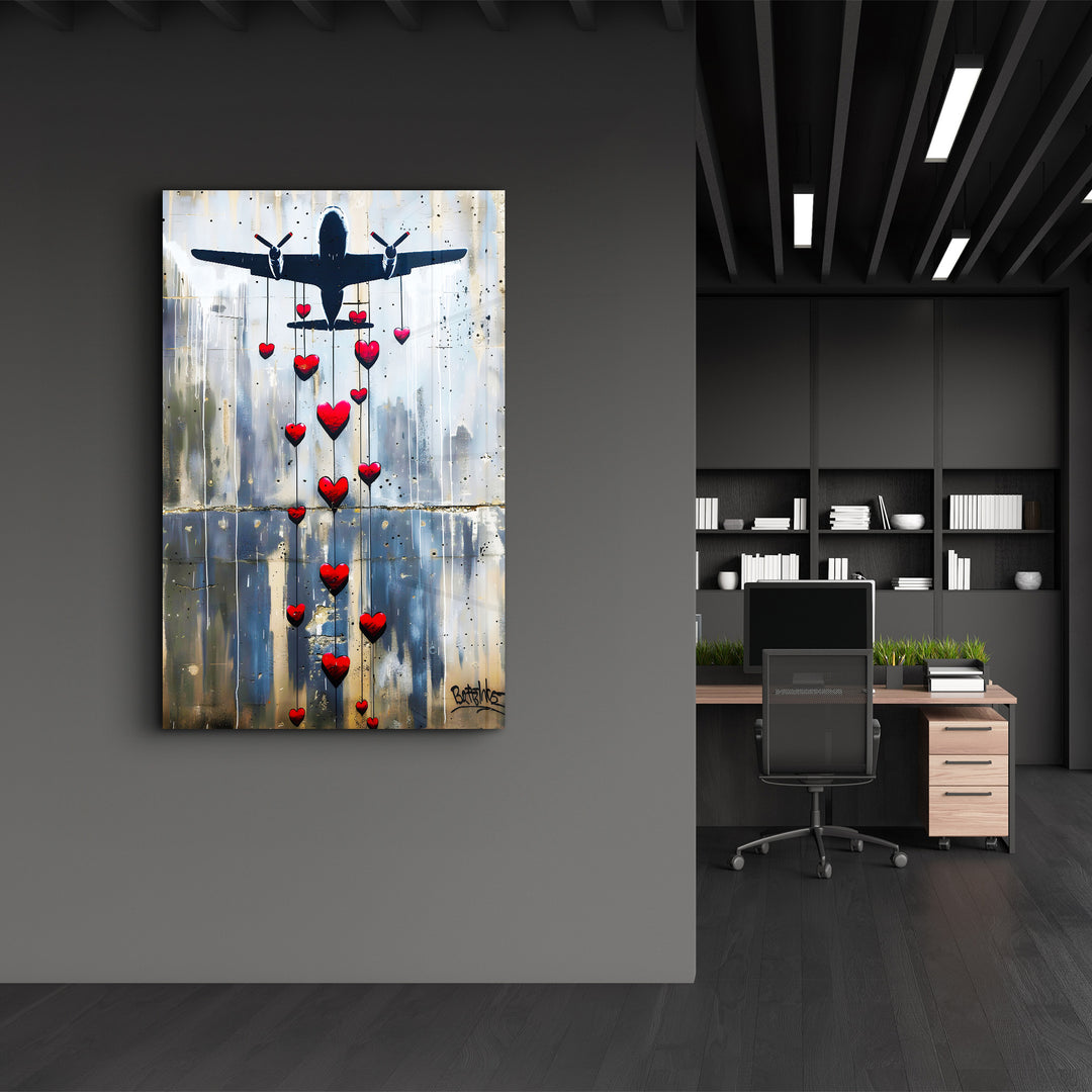 Love Bombing Banksy Style - Glass Wall Art