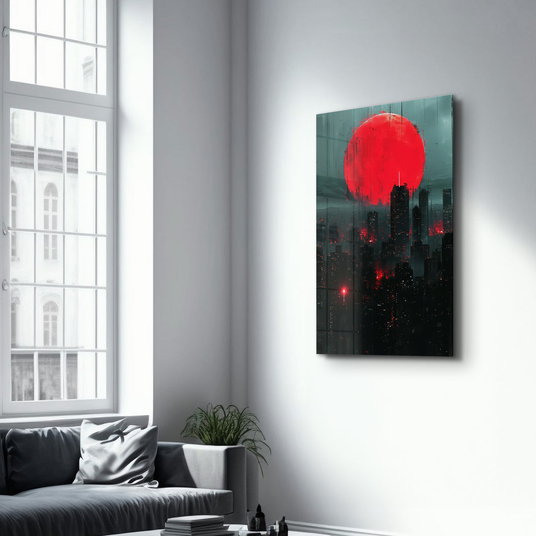 Red Moon over the City - Designers Collection Glass Wall Art