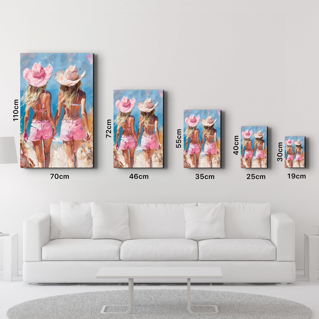 Pink CowGirls On the Beach - Glass Wall Art