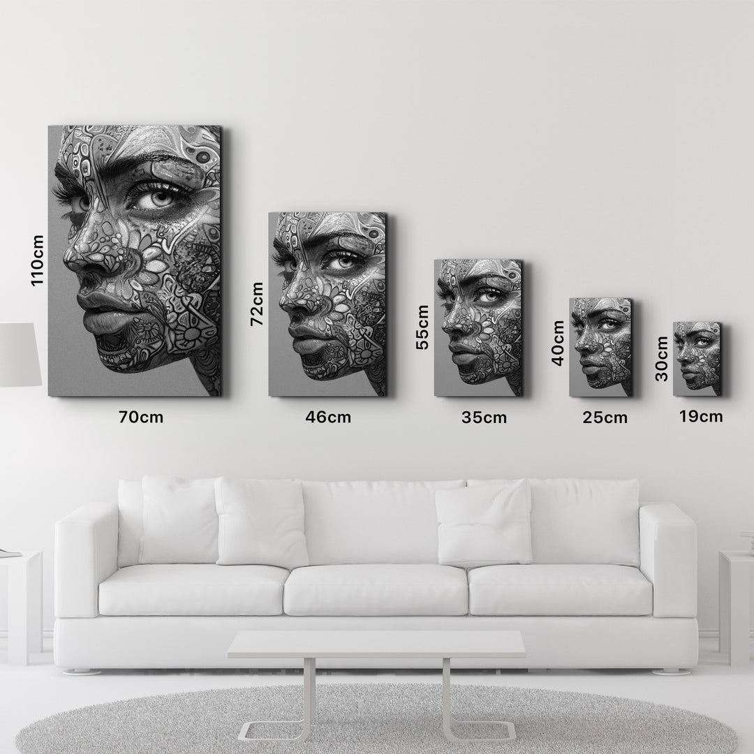 Psychedelic Floral Portrait B&W | Glass Wall Art