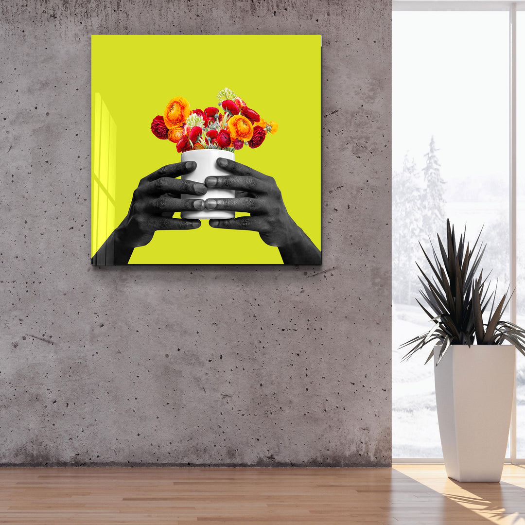 ."Holding the Flower - Lime". Contemporary Collection Glass Wall Art