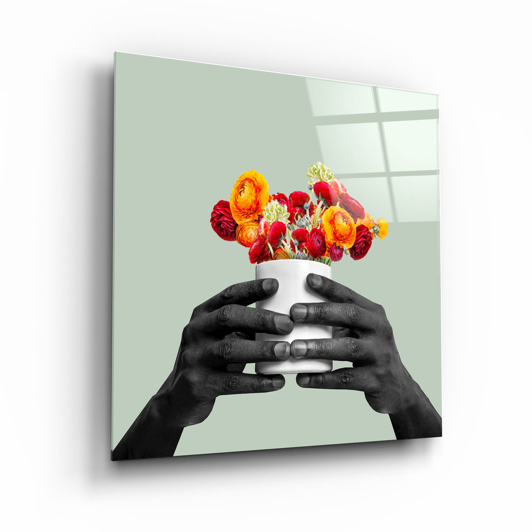 ."Holding the Flower - Gray". Contemporary Collection Glass Wall Art