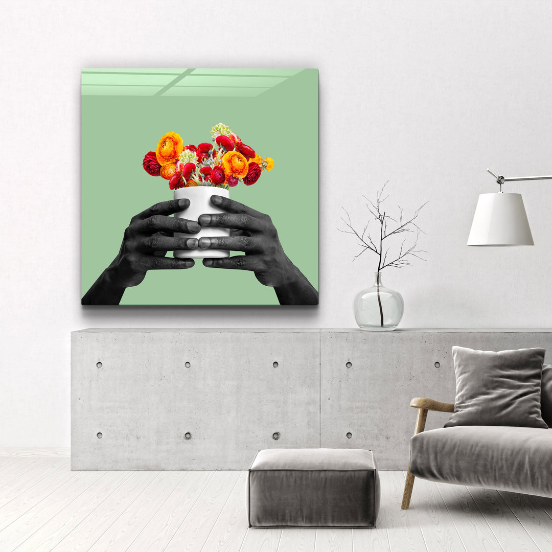 ."Holding the Flower - Green". Contemporary Collection Glass Wall Art