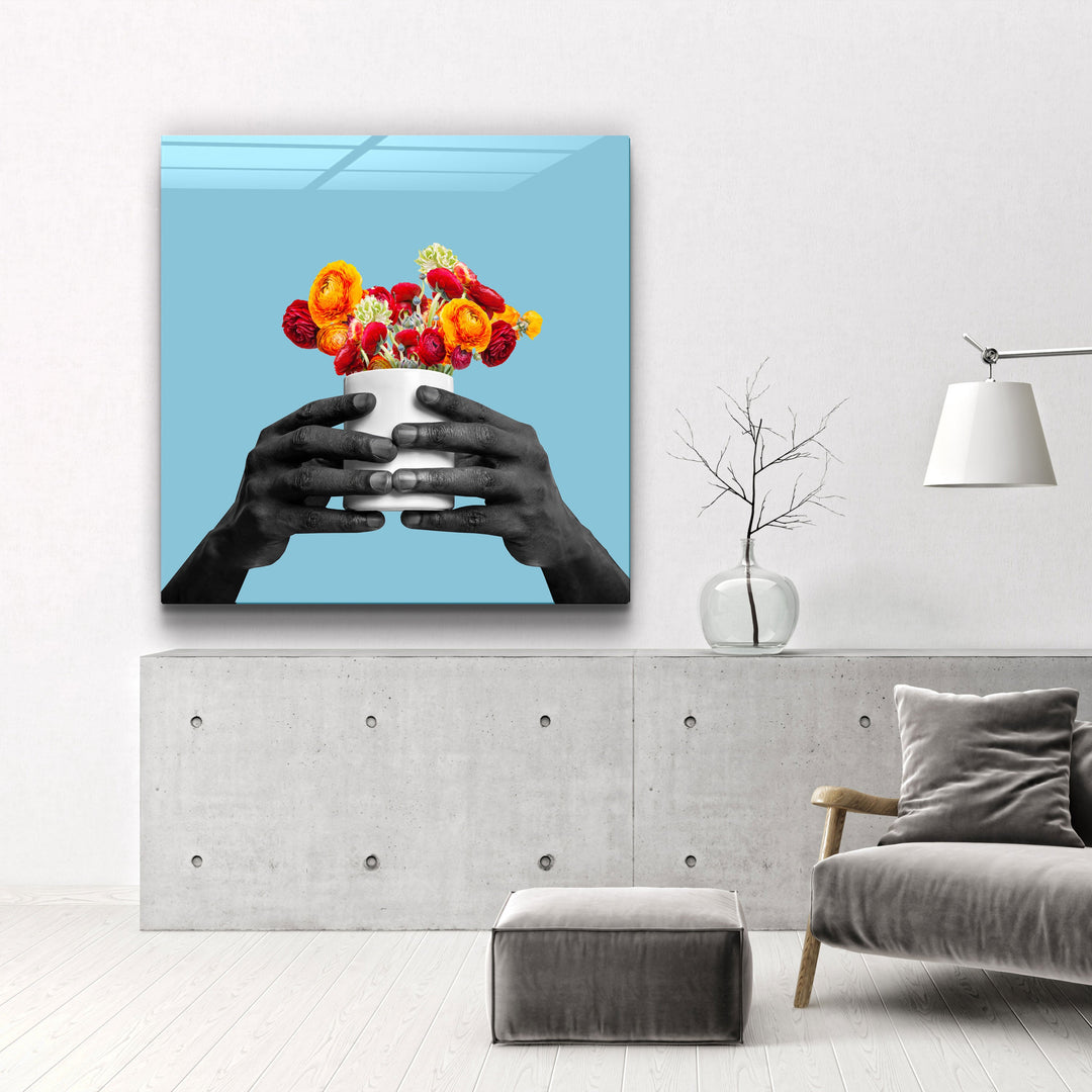 ."Holding the Flower - Blue". Contemporary Collection Glass Wall Art