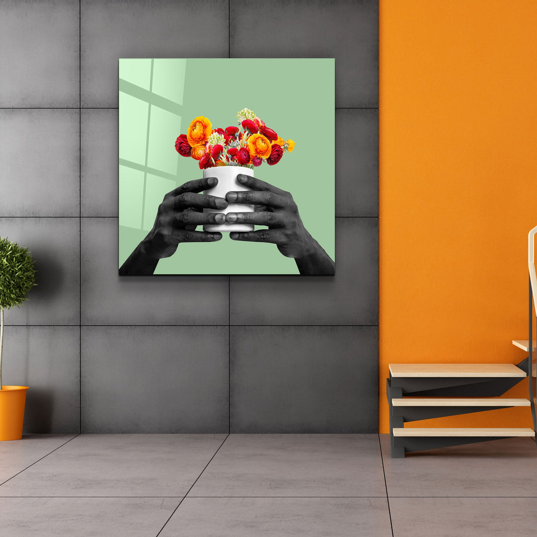 ."Holding the Flower - Green". Contemporary Collection Glass Wall Art