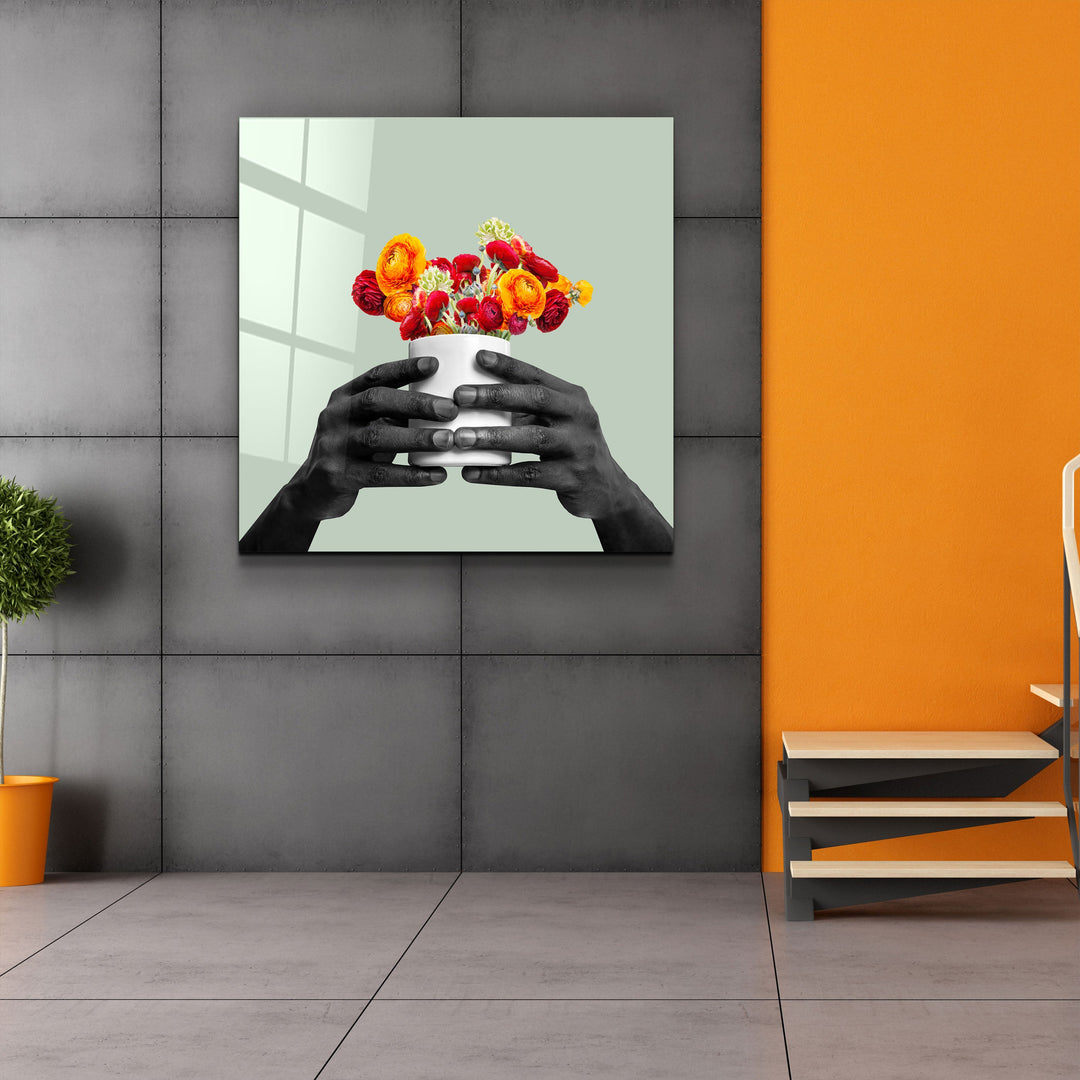 ."Holding the Flower - Gray". Contemporary Collection Glass Wall Art