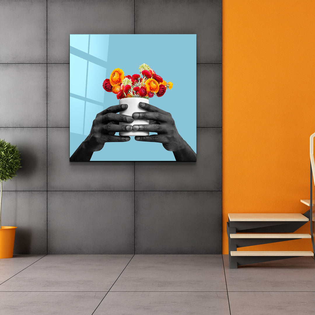 ."Holding the Flower - Blue". Contemporary Collection Glass Wall Art