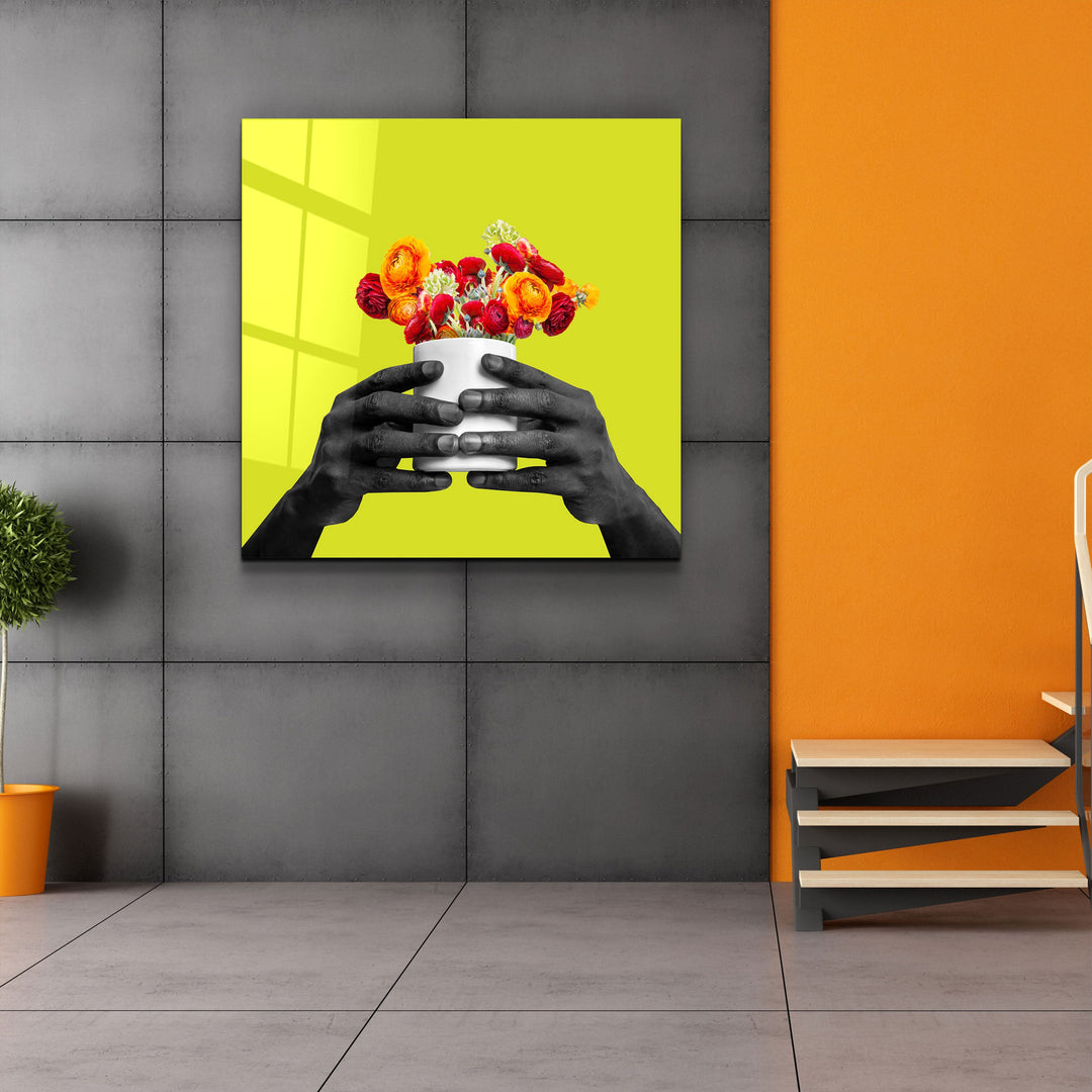 ."Holding the Flower - Lime". Contemporary Collection Glass Wall Art