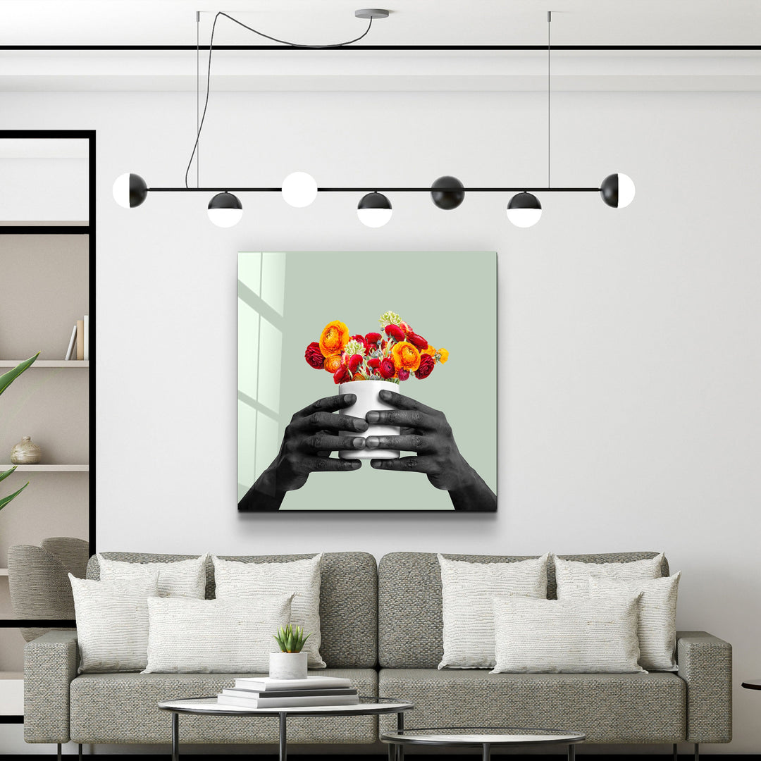 ."Holding the Flower - Gray". Contemporary Collection Glass Wall Art