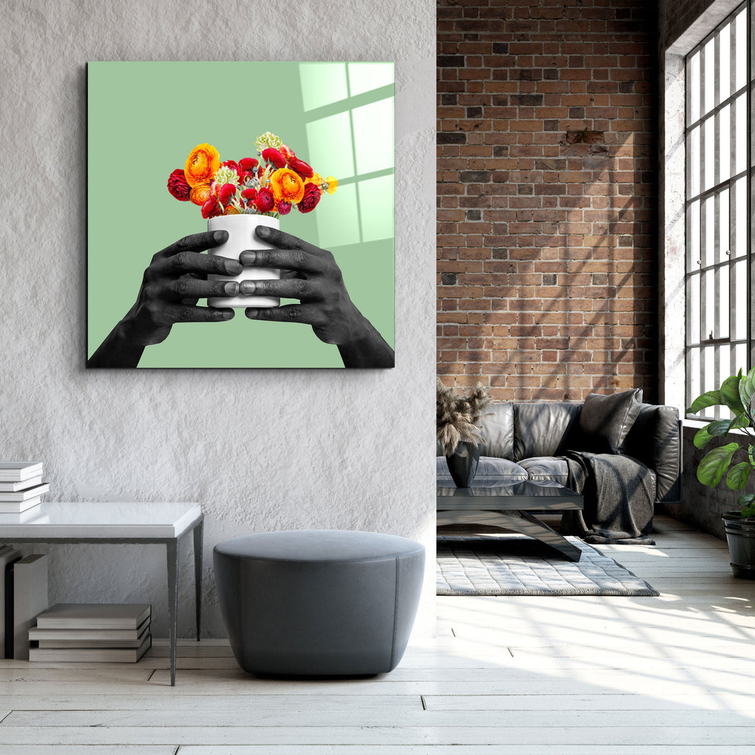 ."Holding the Flower - Green". Contemporary Collection Glass Wall Art