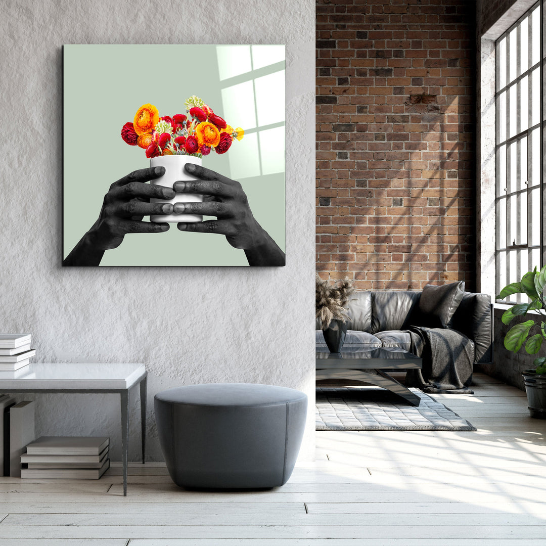 ."Holding the Flower - Gray". Contemporary Collection Glass Wall Art