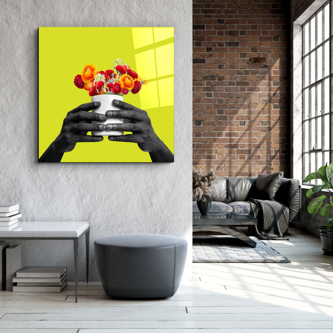 ."Holding the Flower - Lime". Contemporary Collection Glass Wall Art