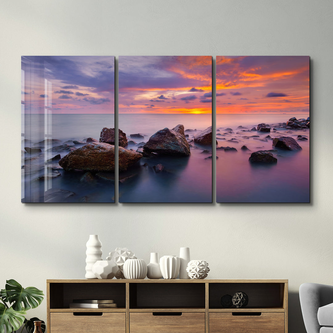 ・"Stones and Sunset - Trio"・Glass Wall Art