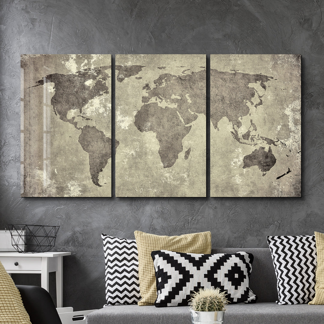 ・"Vintage World Map - Trio"・Glass Wall Art