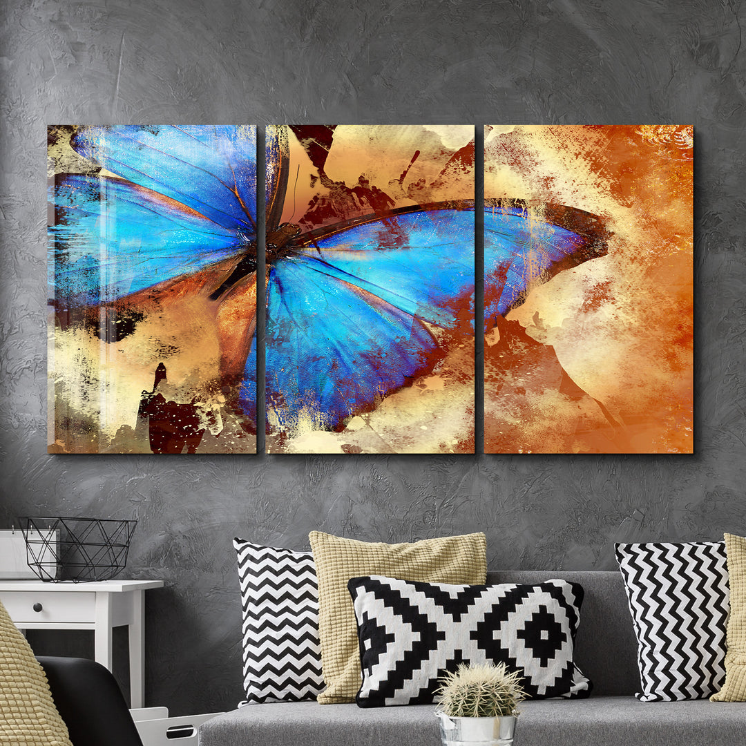 ・"Blue Butterfly - Trio"・Glass Wall Art