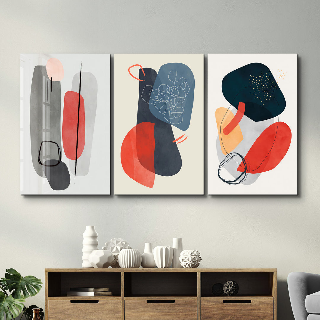 ・"Abstract Shapes and Lines V2 - Trio"・Glass Wall Art