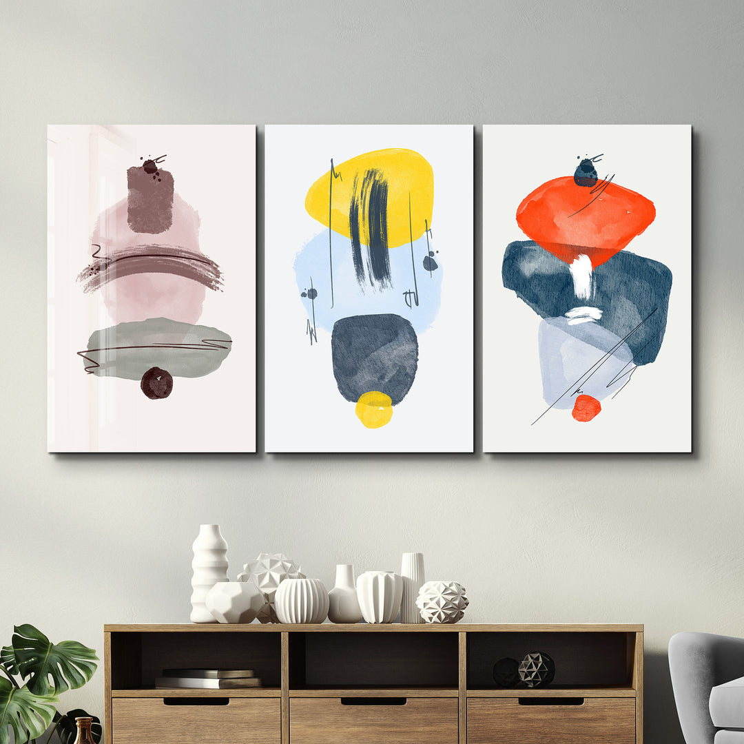 ・"Abstract Shapes and Lines - Trio"・Glass Wall Art