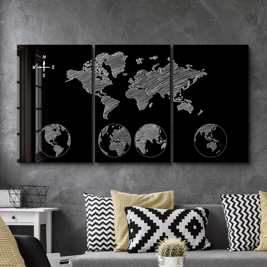 ・"World Map Black - Trio"・Glass Wall Art