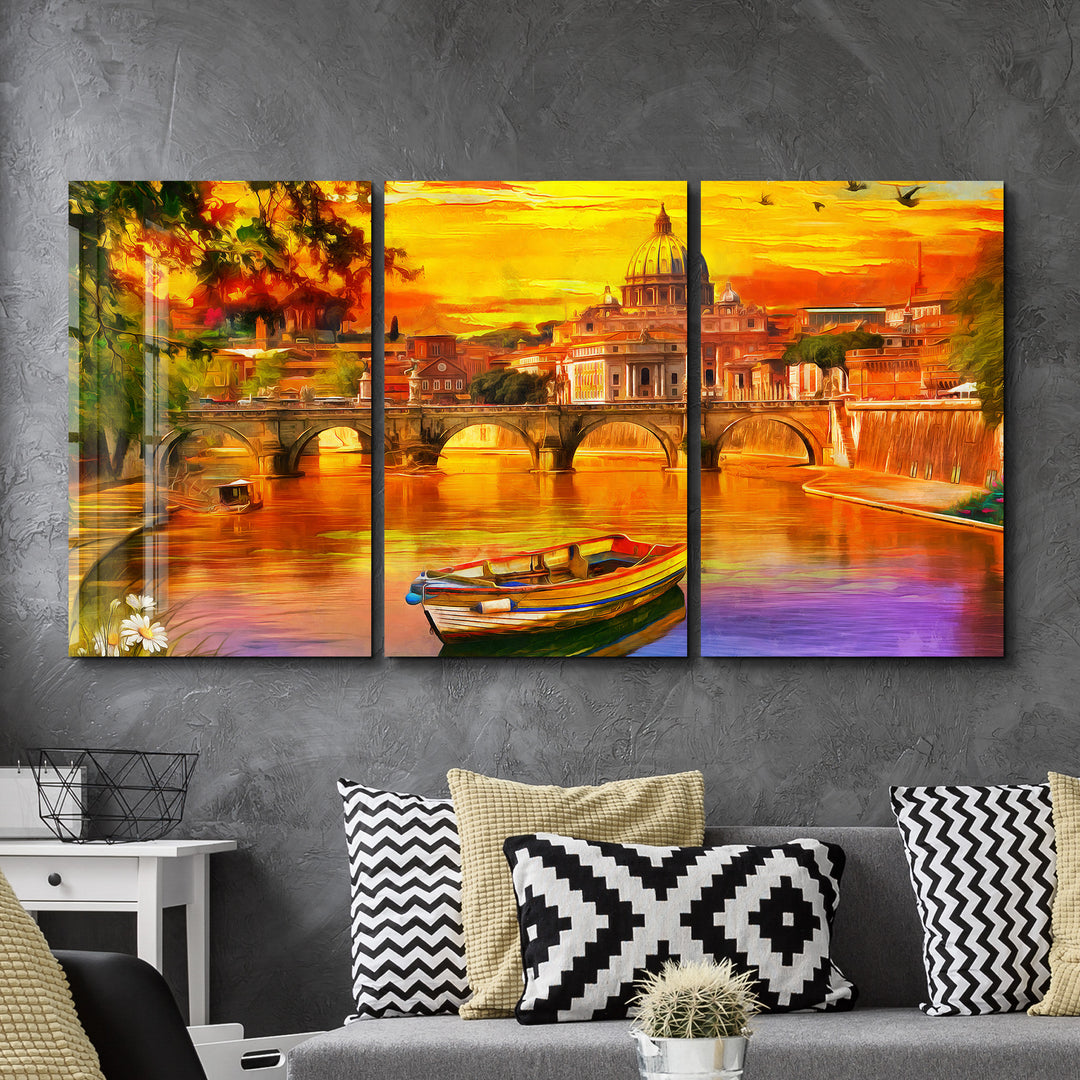 ・"Oil Painting Old River - Trio"・Glass Wall Art