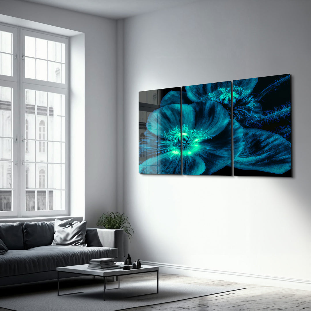 ・"Macro Flower Blue - Trio"・Glass Wall Art