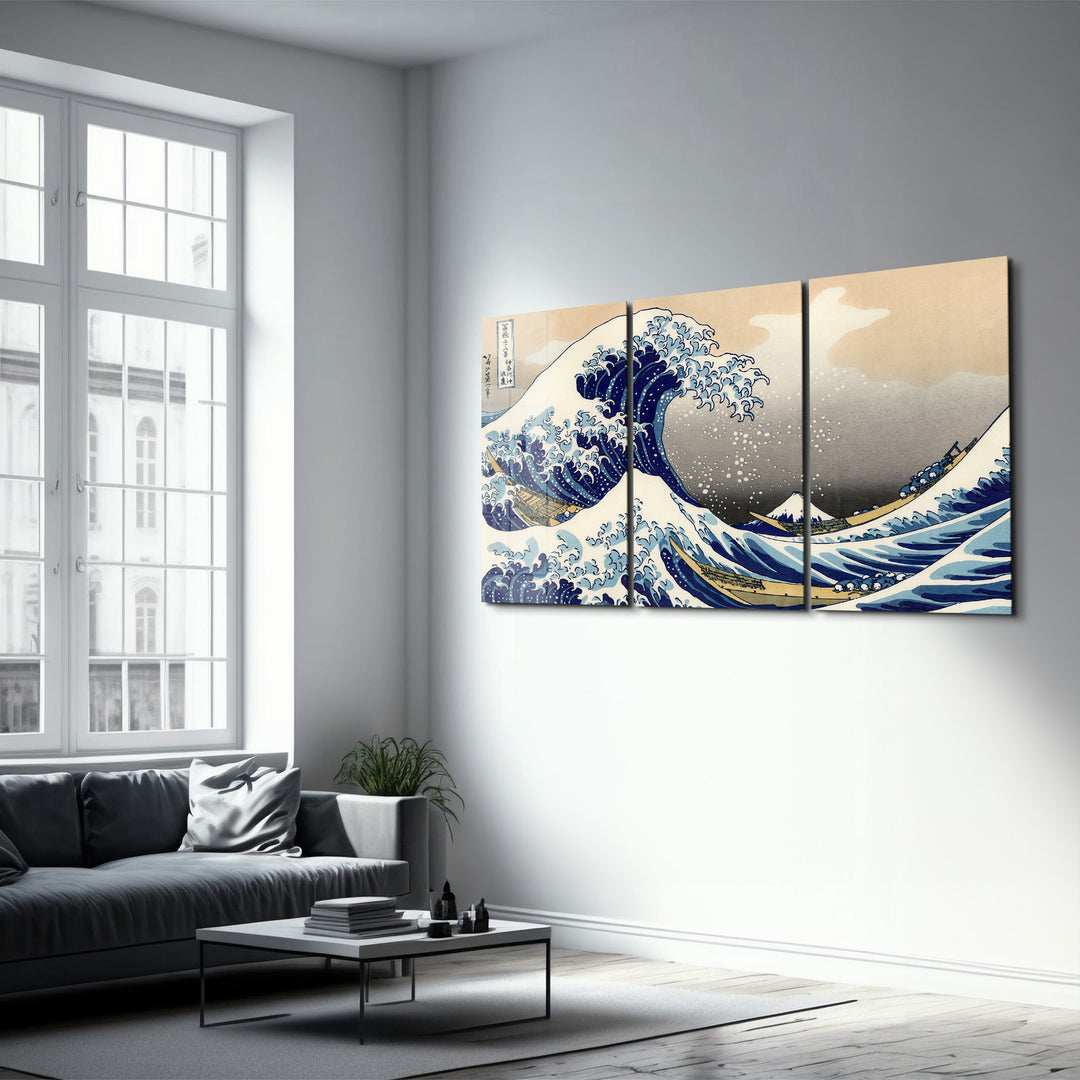 ・"THE GREAT WAVE OFF KANAGAWA (1829) BY HOKUSAI- Trio"・Glass Wall Art