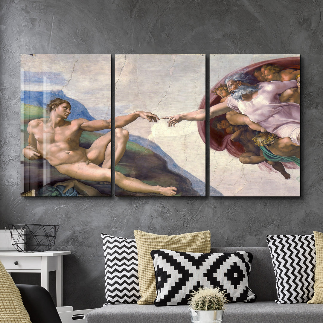 ・"Michelangelo - The Creation of Adam - Trio"・Glass Wall Art